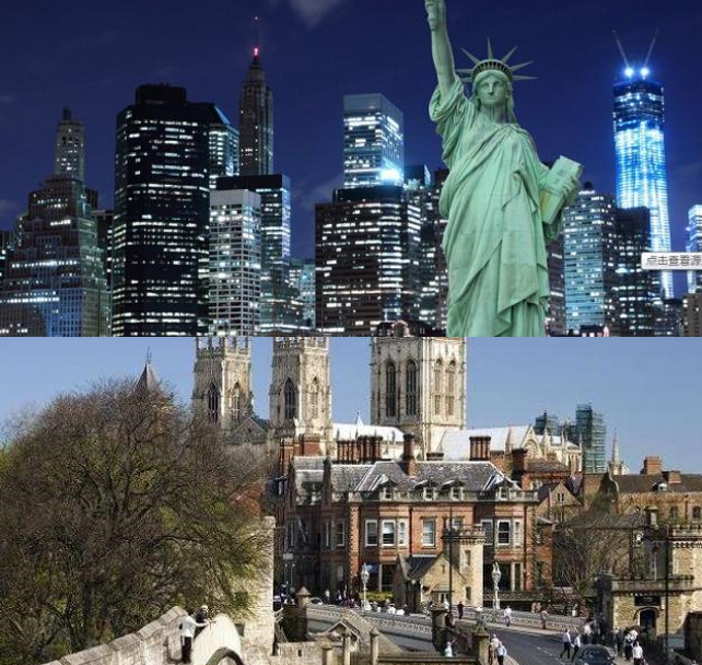 مدينة نيويورك الأمريكية وأصلها : نيويورك في الأعلى ويورك البريطانية في الأسفل